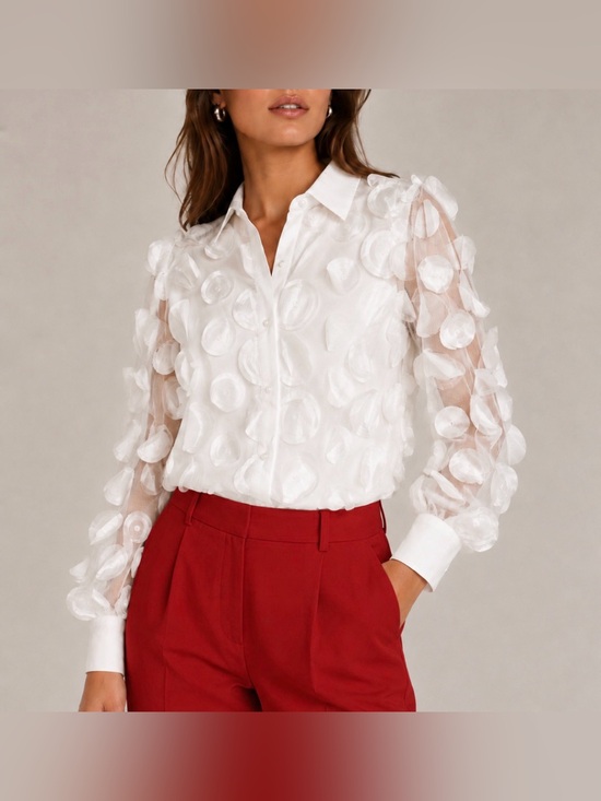 Alice Blue Tops - Alice Blue White Sheer 3D Petal Button-Down Blouse